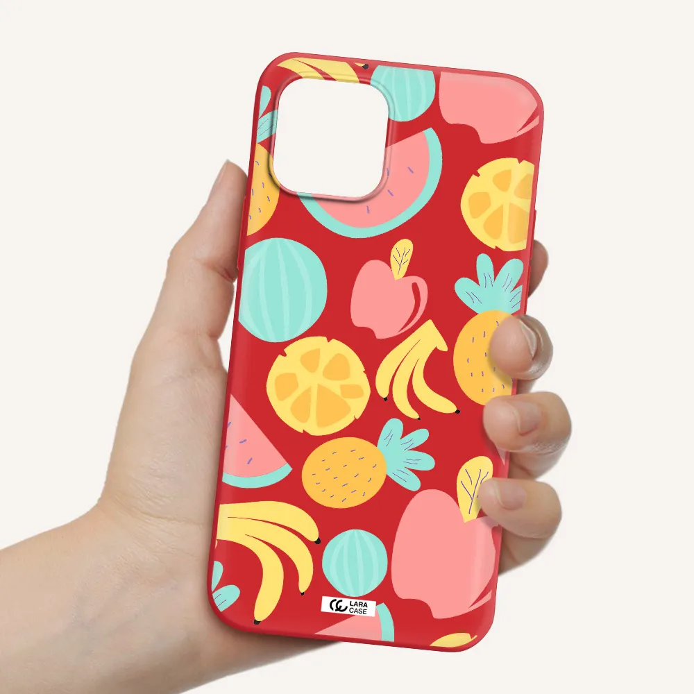 a pattern of fruits on a white background Apple iPhone 12 mini Silicone Imperial Red Case