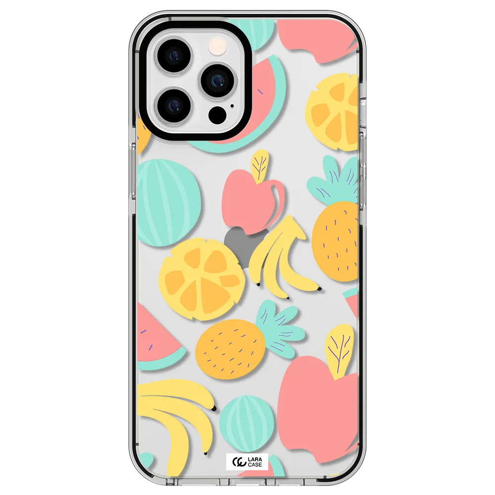 a pattern of fruits on a white background Apple iPhone 12 pro max impact black border Case
