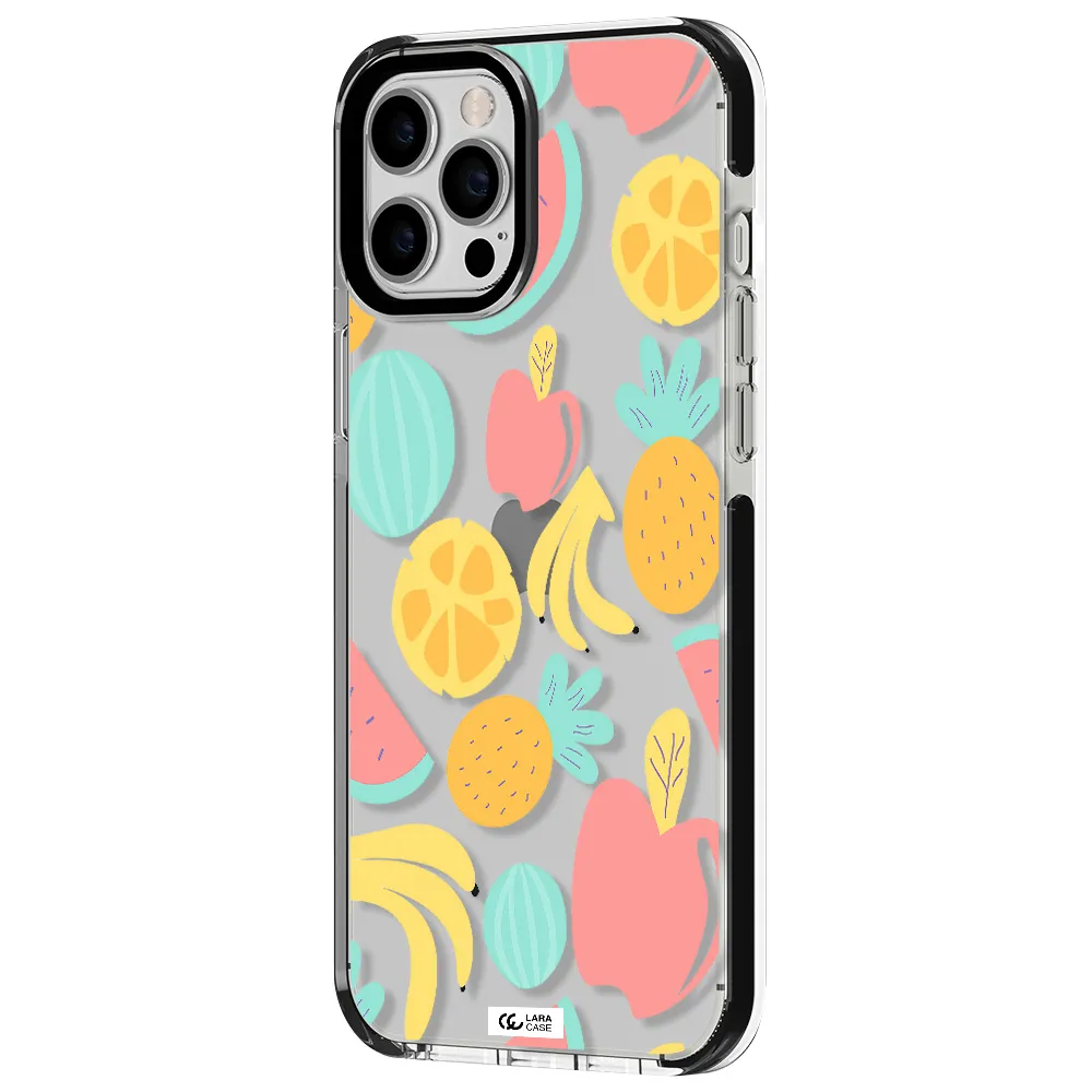 a pattern of fruits on a white background Apple iPhone 12 pro max impact black border Case