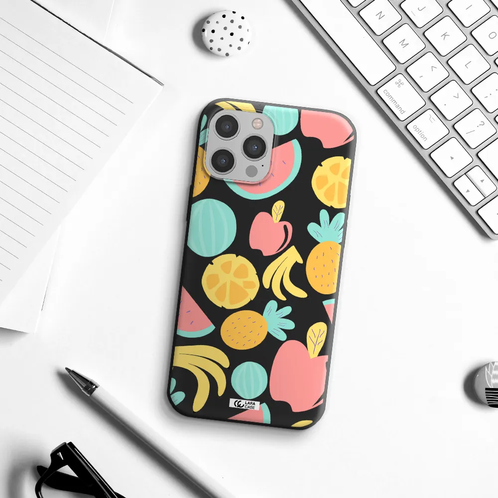 a pattern of fruits on a white background Apple iPhone 12 pro max Silicone black Case
