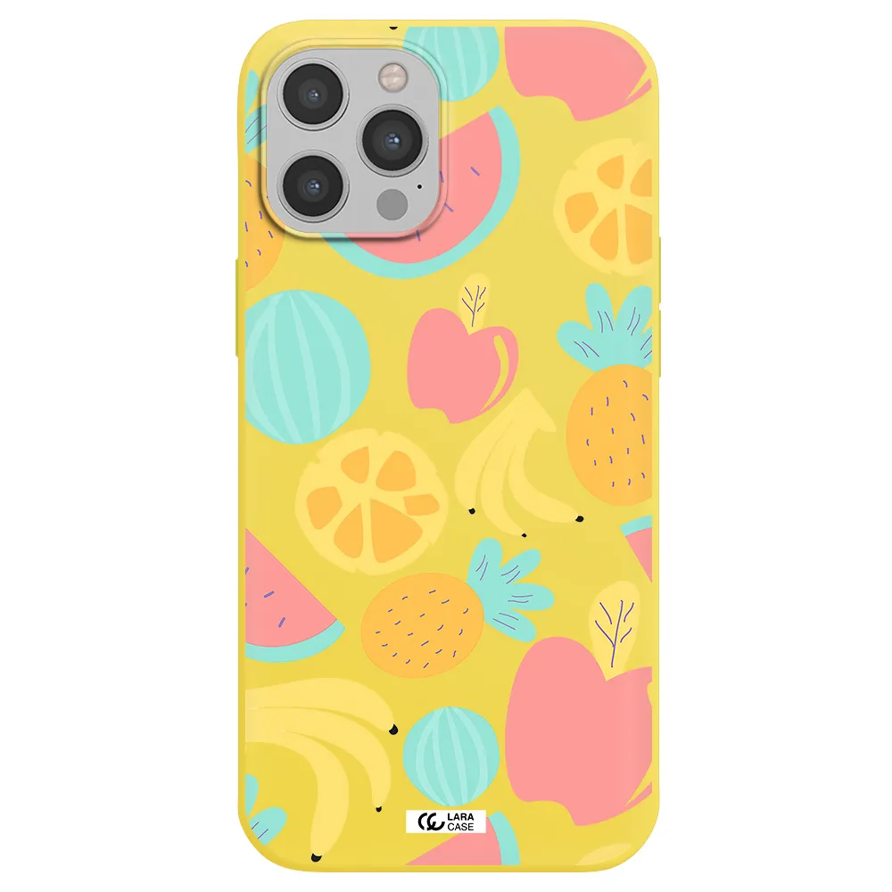 a pattern of fruits on a white background Apple iPhone 12 pro max Silicone canary yellow Case
