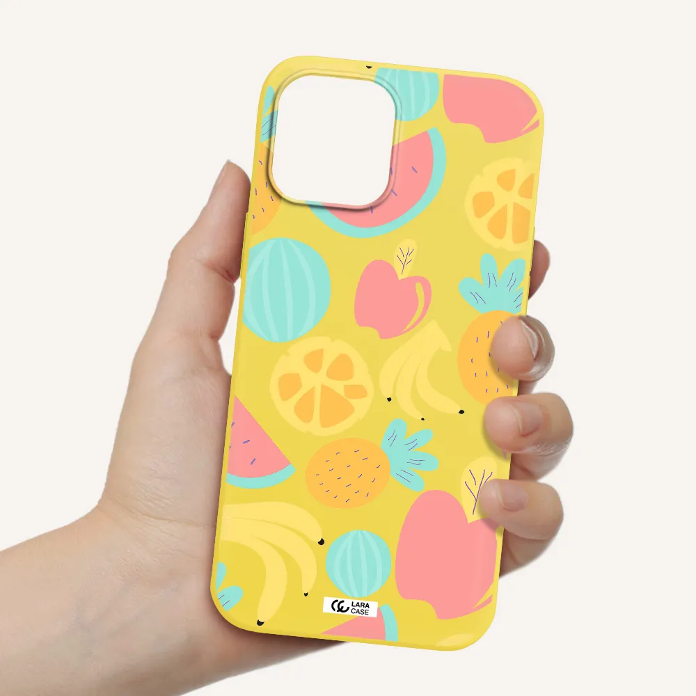 a pattern of fruits on a white background Apple iPhone 12 pro max Silicone canary yellow Case