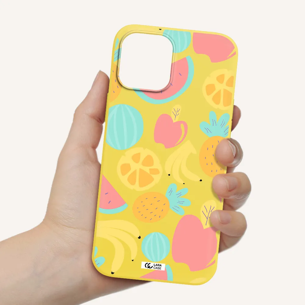 a pattern of fruits on a white background Apple iPhone 12 pro Silicone canary yellow Case