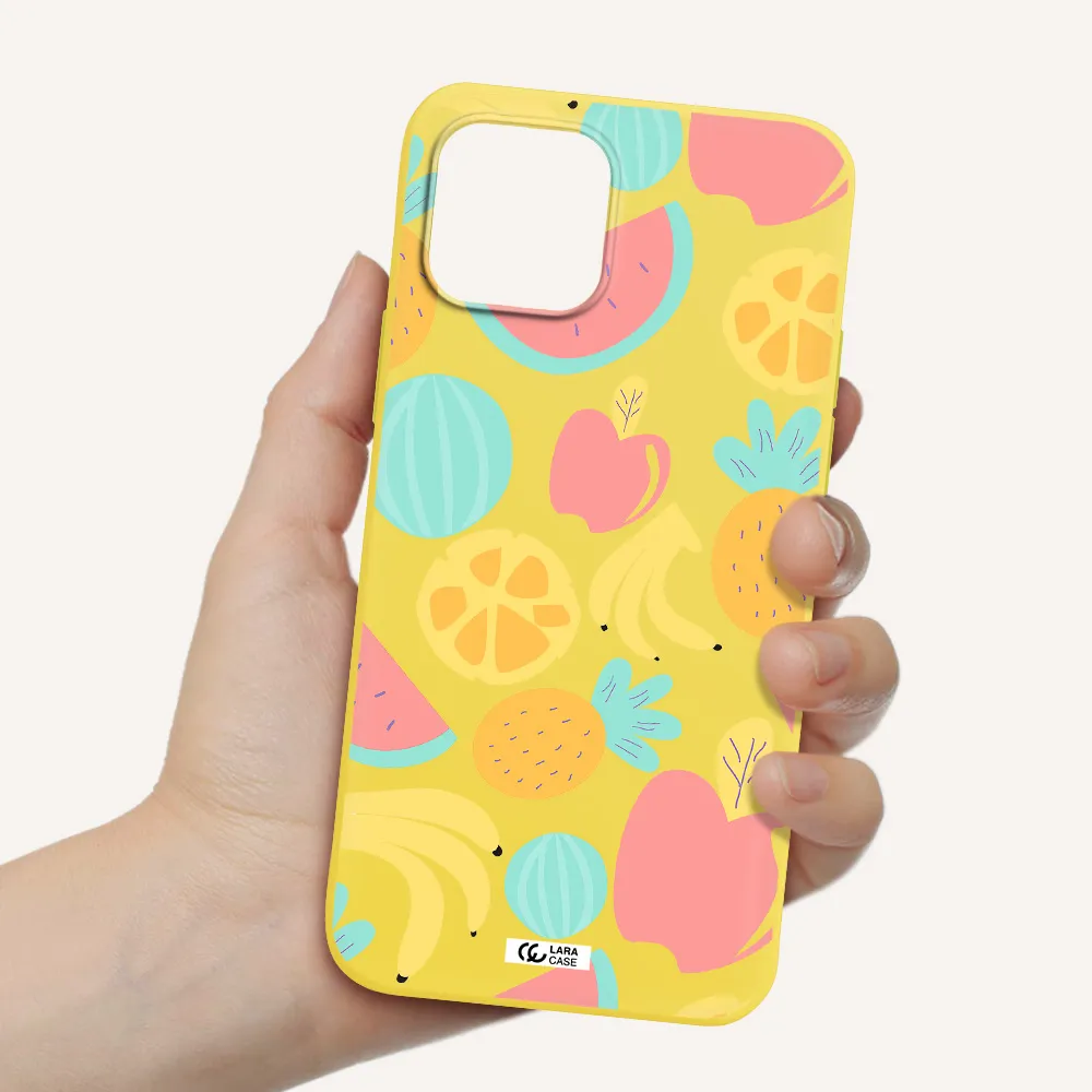 a pattern of fruits on a white background Apple iPhone 12 Silicone canary yellow Case