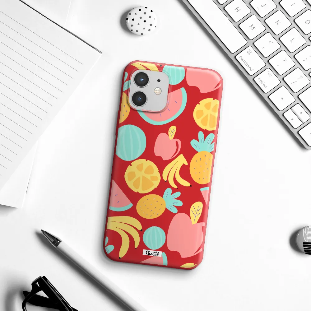 a pattern of fruits on a white background Apple iPhone 12 Silicone Imperial Red Case