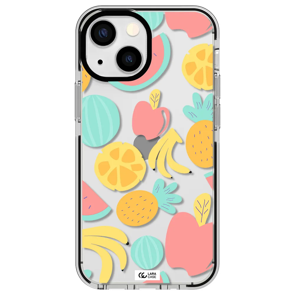 a pattern of fruits on a white background Apple iPhone 13 mini impact black border Case