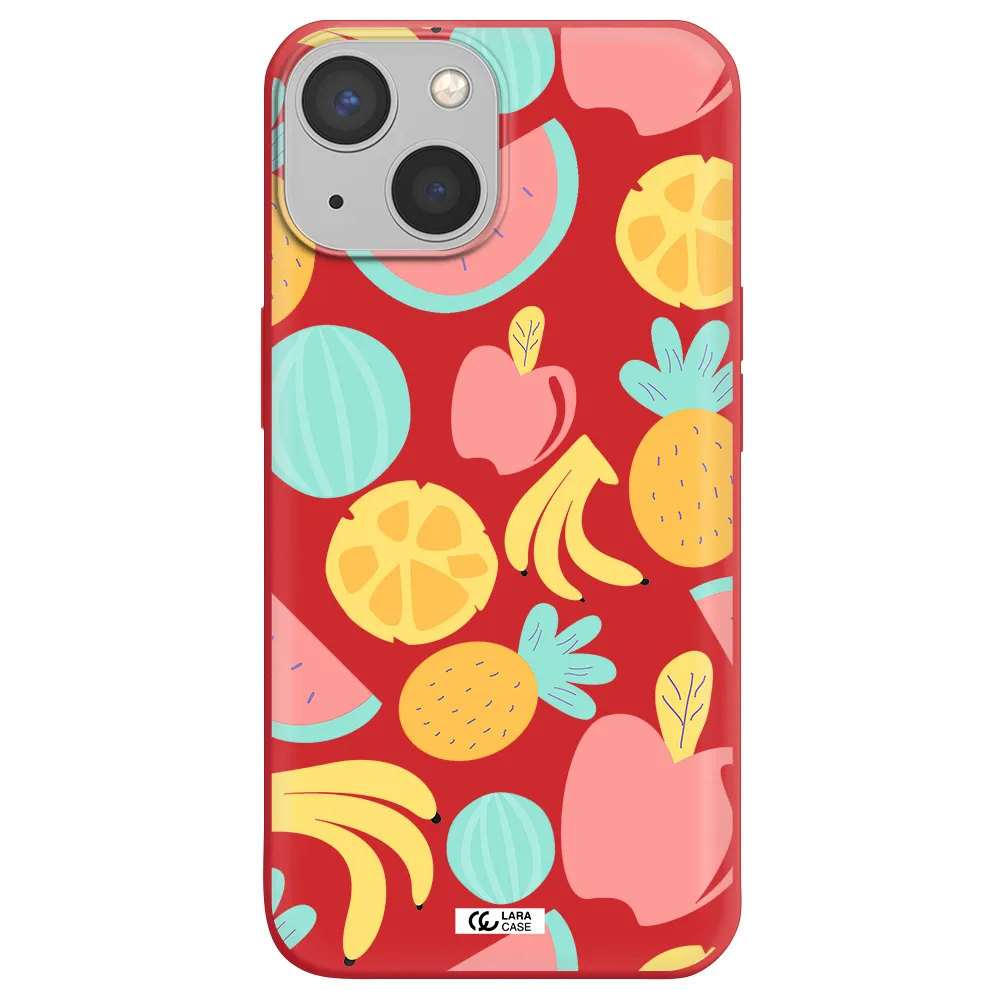 a pattern of fruits on a white background Apple iPhone 13 mini Silicone Imperial Red Case