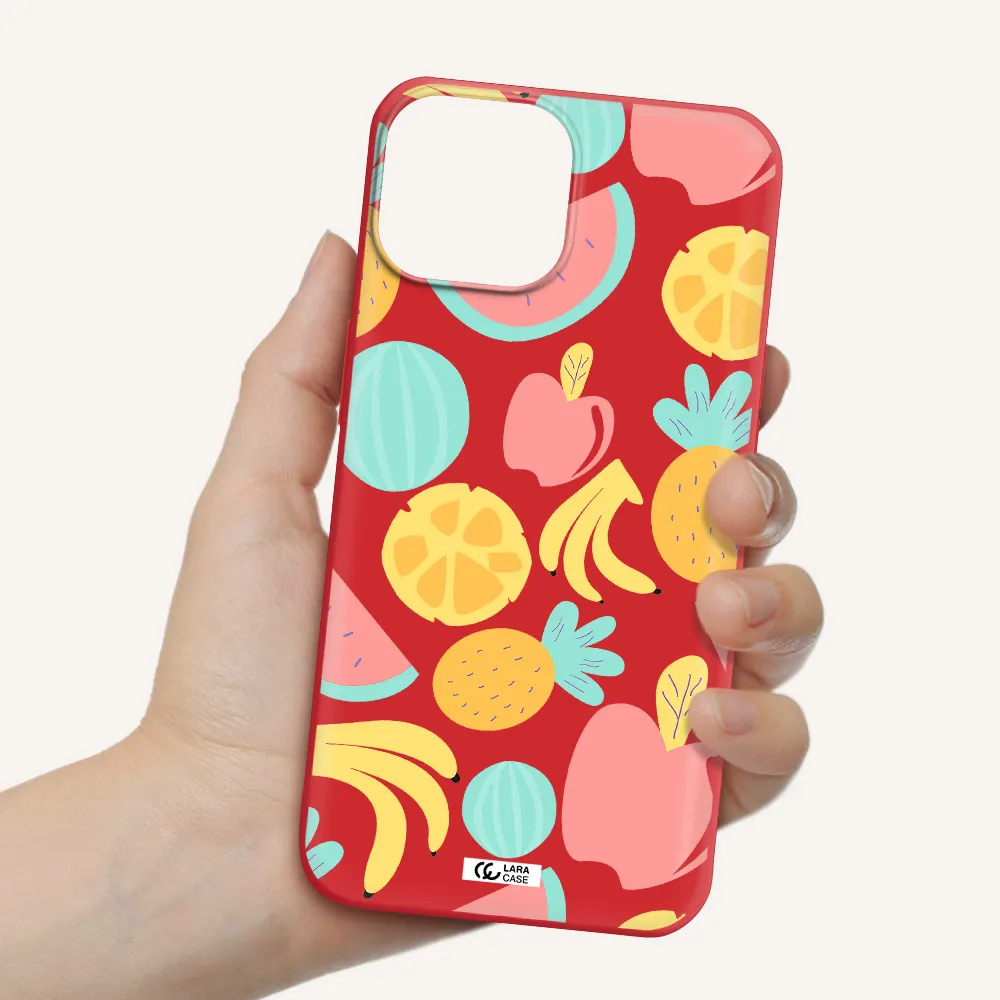 a pattern of fruits on a white background Apple iPhone 13 mini Silicone Imperial Red Case