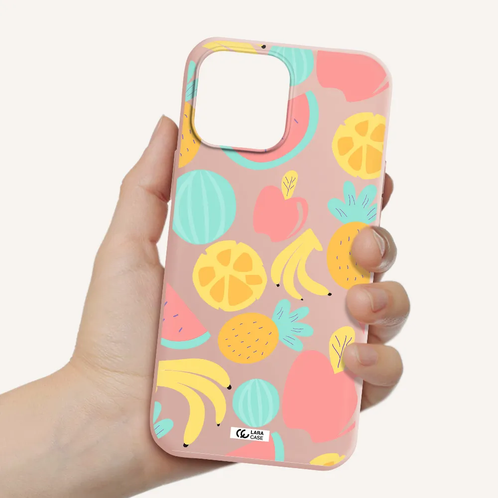 a pattern of fruits on a white background Apple iPhone 13 Pro Max Silicone pastel pink Case