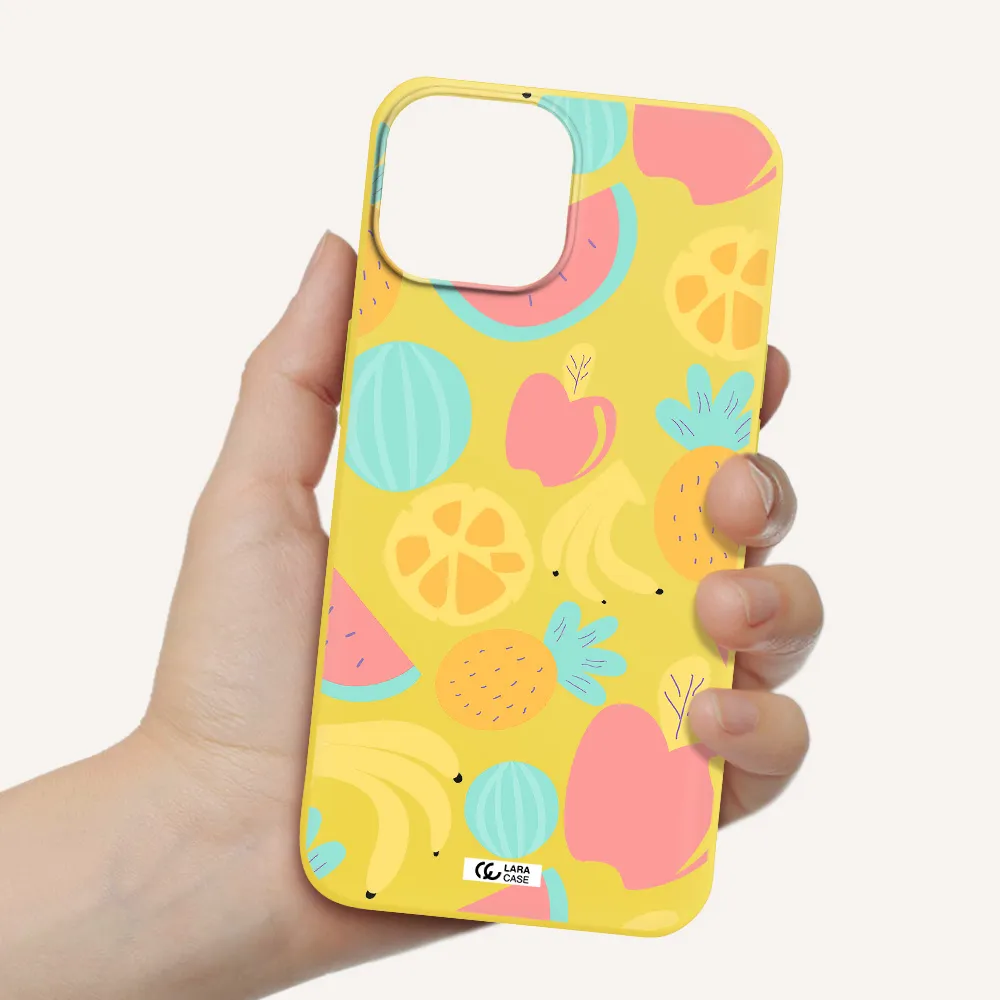 a pattern of fruits on a white background Apple iPhone 13 Silicone canary yellow Case