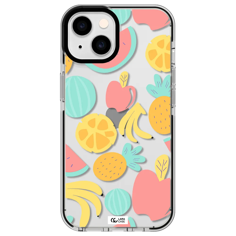 a pattern of fruits on a white background Apple iPhone 14 impact black border Case
