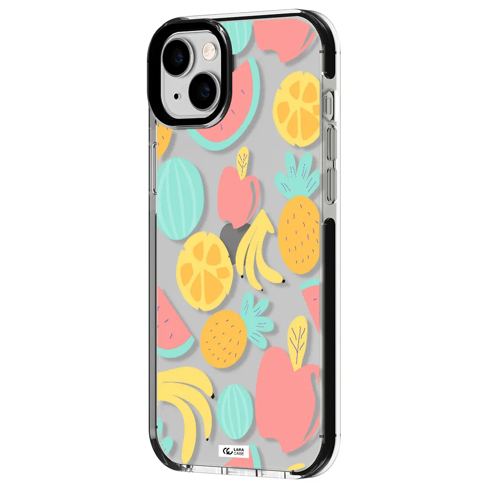 a pattern of fruits on a white background Apple iPhone 14 plus impact black border Case
