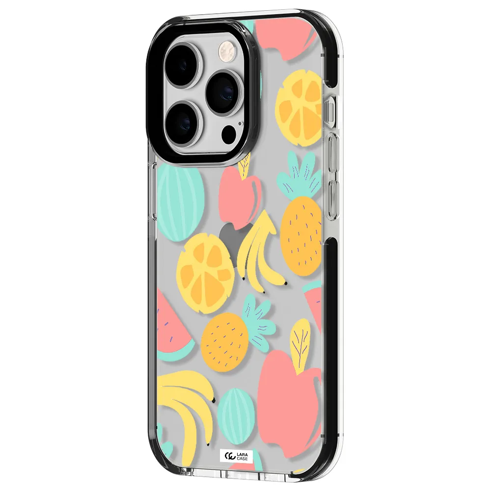a pattern of fruits on a white background Apple iPhone 14 pro impact black border Case