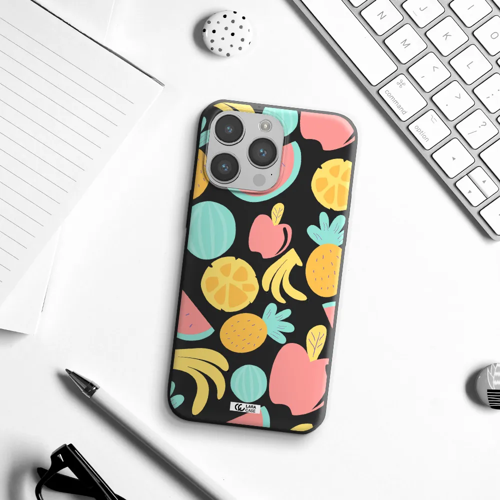 a pattern of fruits on a white background Apple iPhone 14 pro max Silicone black Case