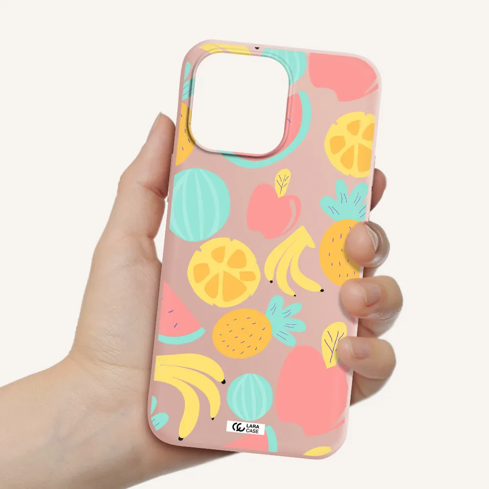a pattern of fruits on a white background Apple iPhone 14 pro max Silicone pastel pink Case