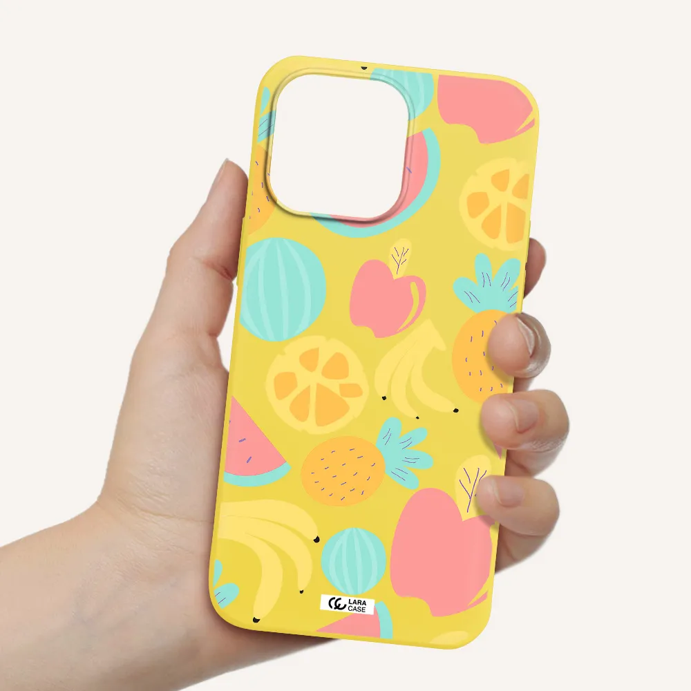 a pattern of fruits on a white background Apple iPhone 14 pro Silicone canary yellow Case