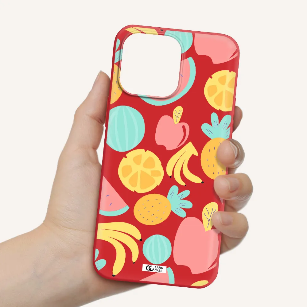a pattern of fruits on a white background Apple iPhone 14 pro Silicone Imperial Red Case