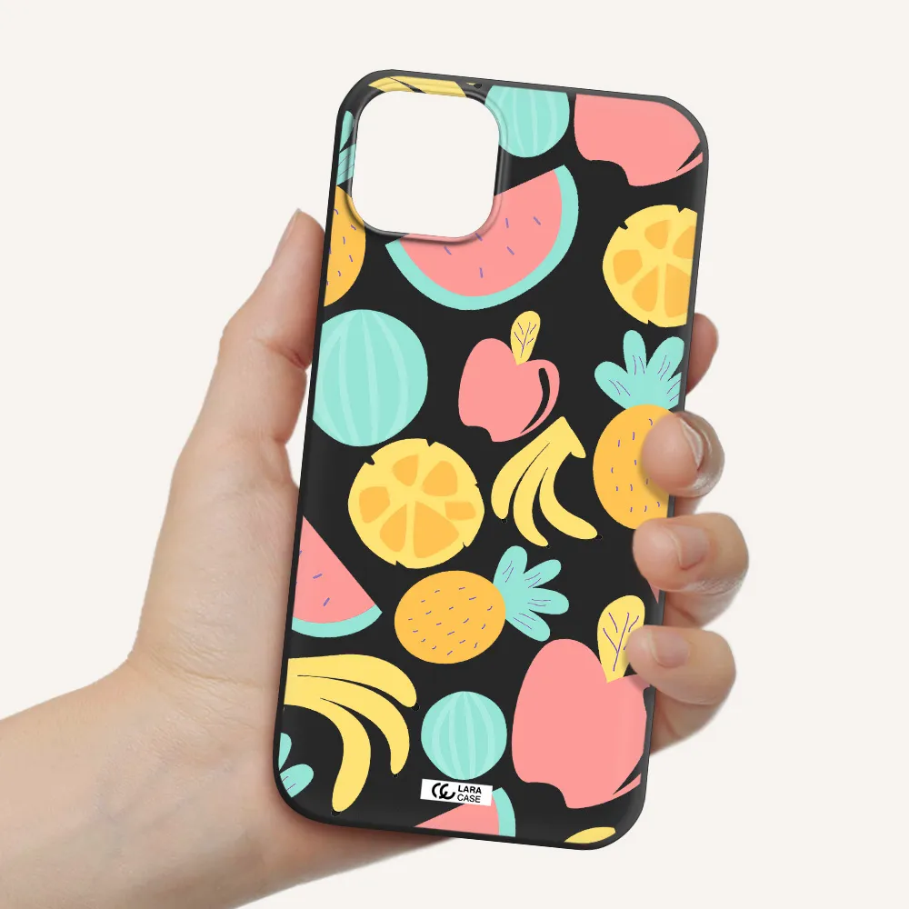 a pattern of fruits on a white background Apple iPhone 14 Silicone black Case