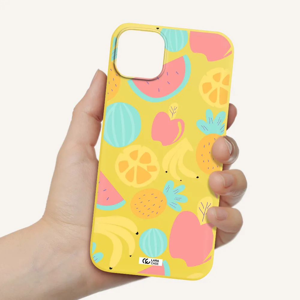 a pattern of fruits on a white background Apple iPhone 14 Silicone canary yellow Case