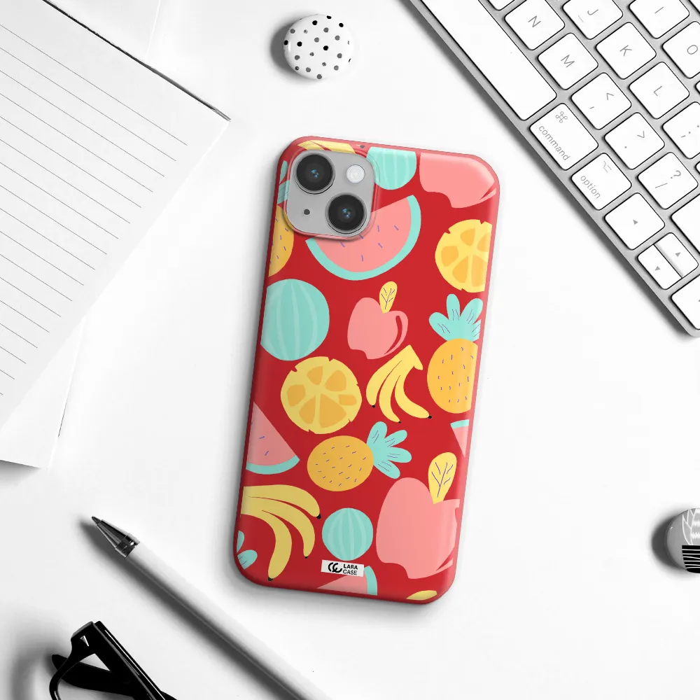 a pattern of fruits on a white background Apple iPhone 14 Silicone Imperial Red Case