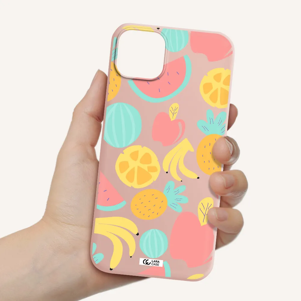 a pattern of fruits on a white background Apple iPhone 14 Silicone pastel pink Case