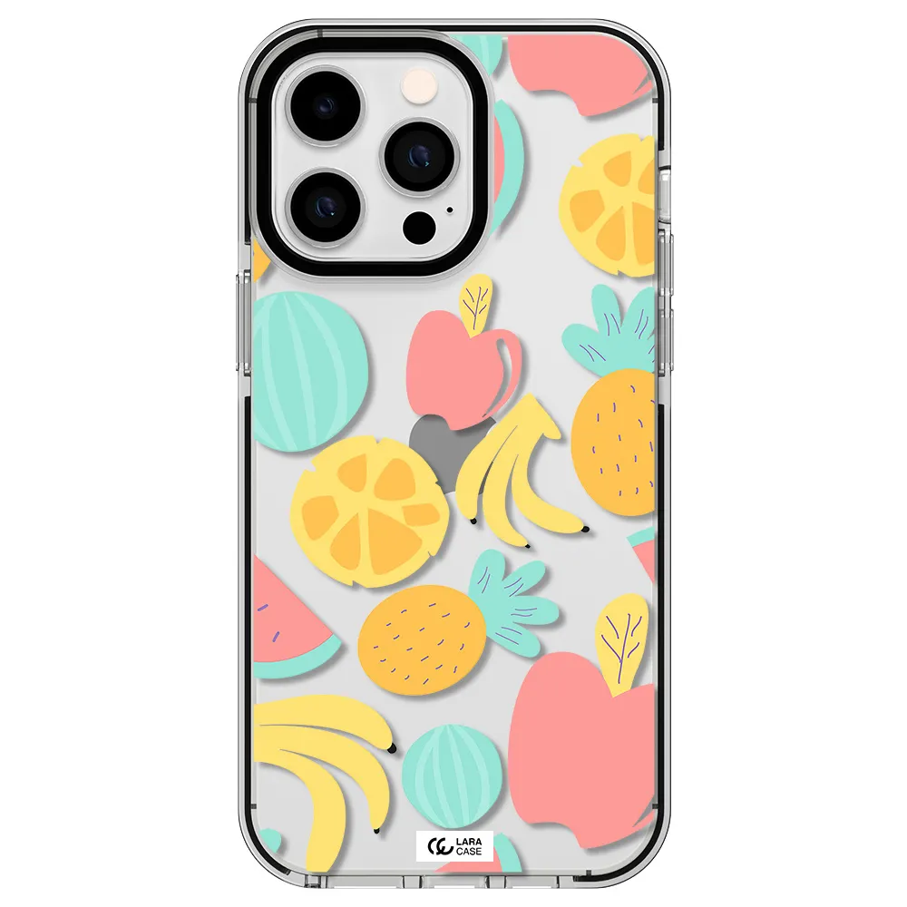 a pattern of fruits on a white background Apple iPhone 15 Pro Max impact black border Case