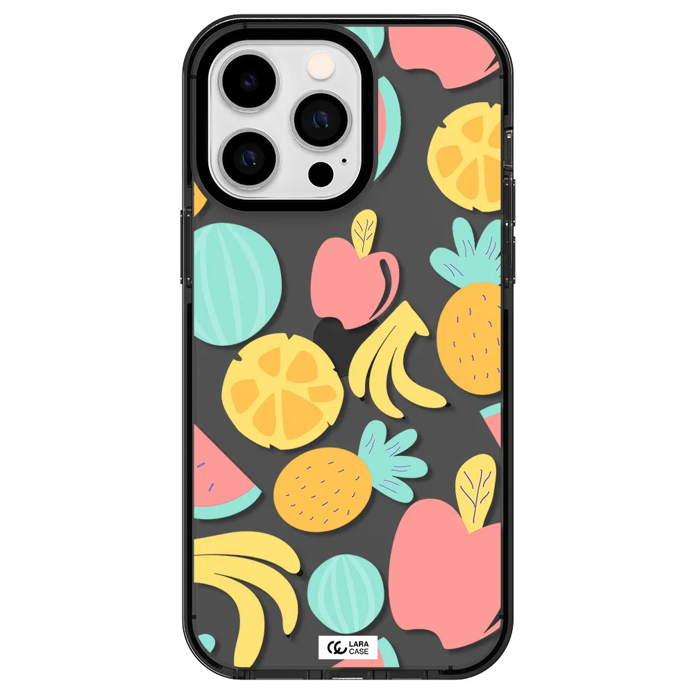 a pattern of fruits on a white background Apple iPhone 15 Pro Max impact Smoke Black Case