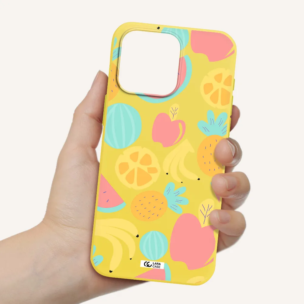 a pattern of fruits on a white background Apple Iphone 15 Pro max Silicone canary yellow Case