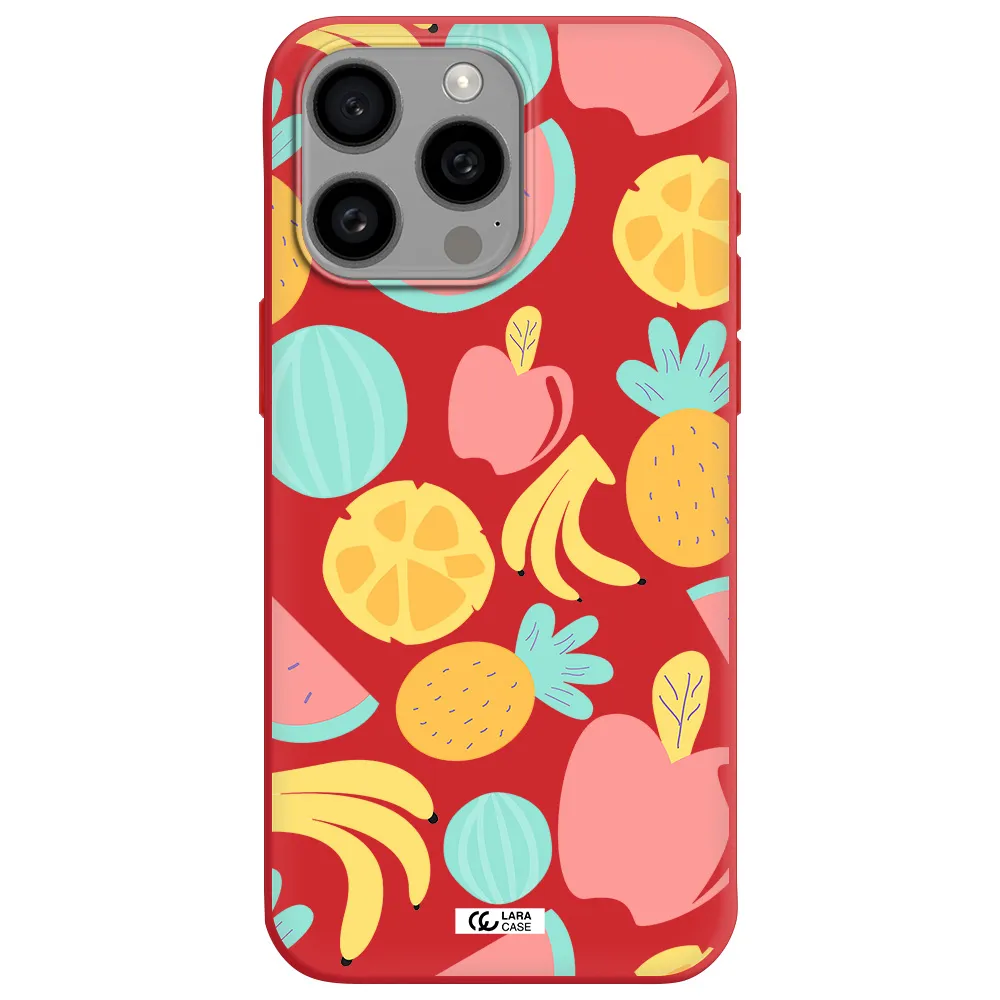 A Pattern Of Fruits On A White Background Apple Iphone 15 Pro Max Silicone Imperial Red Case