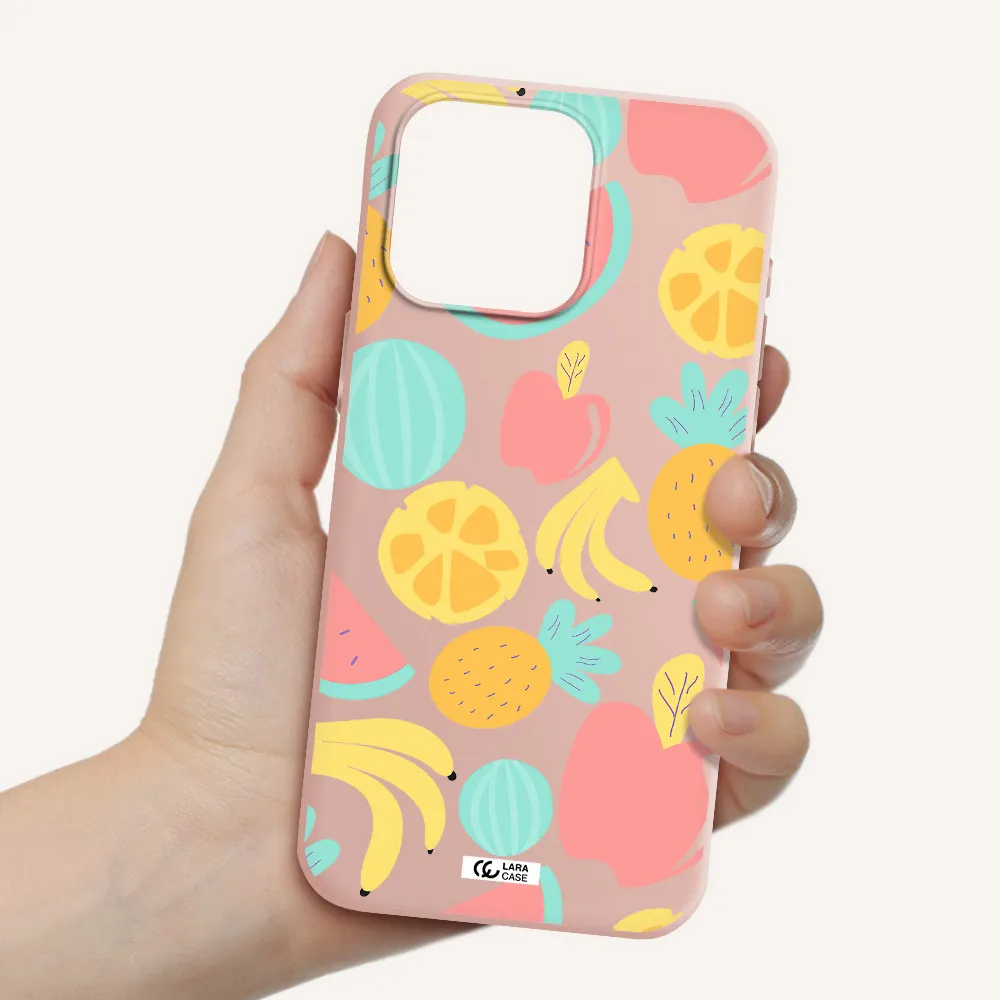 a pattern of fruits on a white background Apple Iphone 15 Pro max Silicone pastel pink Case