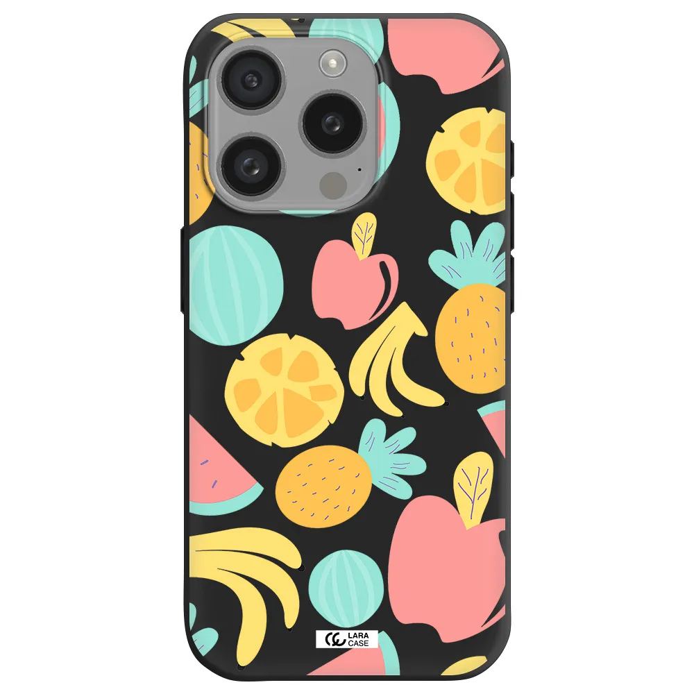 A Pattern Of Fruits On A White Background Apple Iphone 15 Pro Silicone Black Case