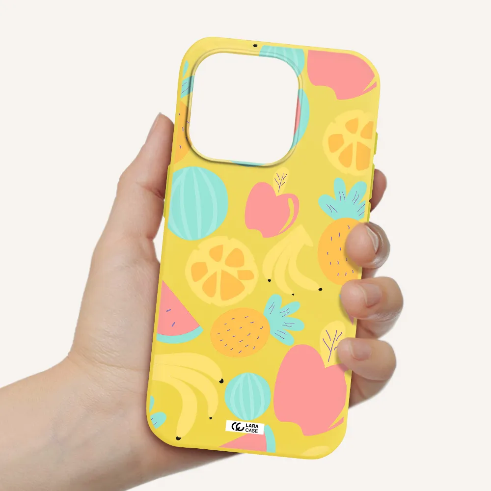 A Pattern Of Fruits On A White Background Apple Iphone 15 Pro Silicone Canary Yellow Case