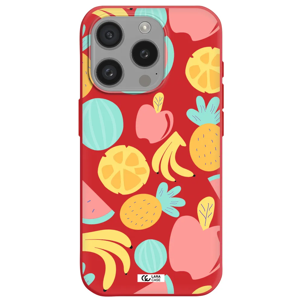 A Pattern Of Fruits On A White Background Apple Iphone 15 Pro Silicone Imperial Red Case
