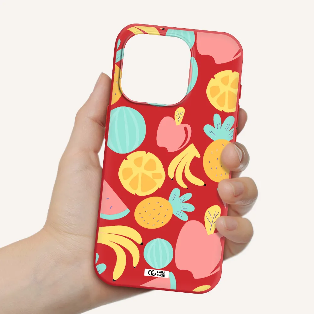 A Pattern Of Fruits On A White Background Apple Iphone 15 Pro Silicone Imperial Red Case
