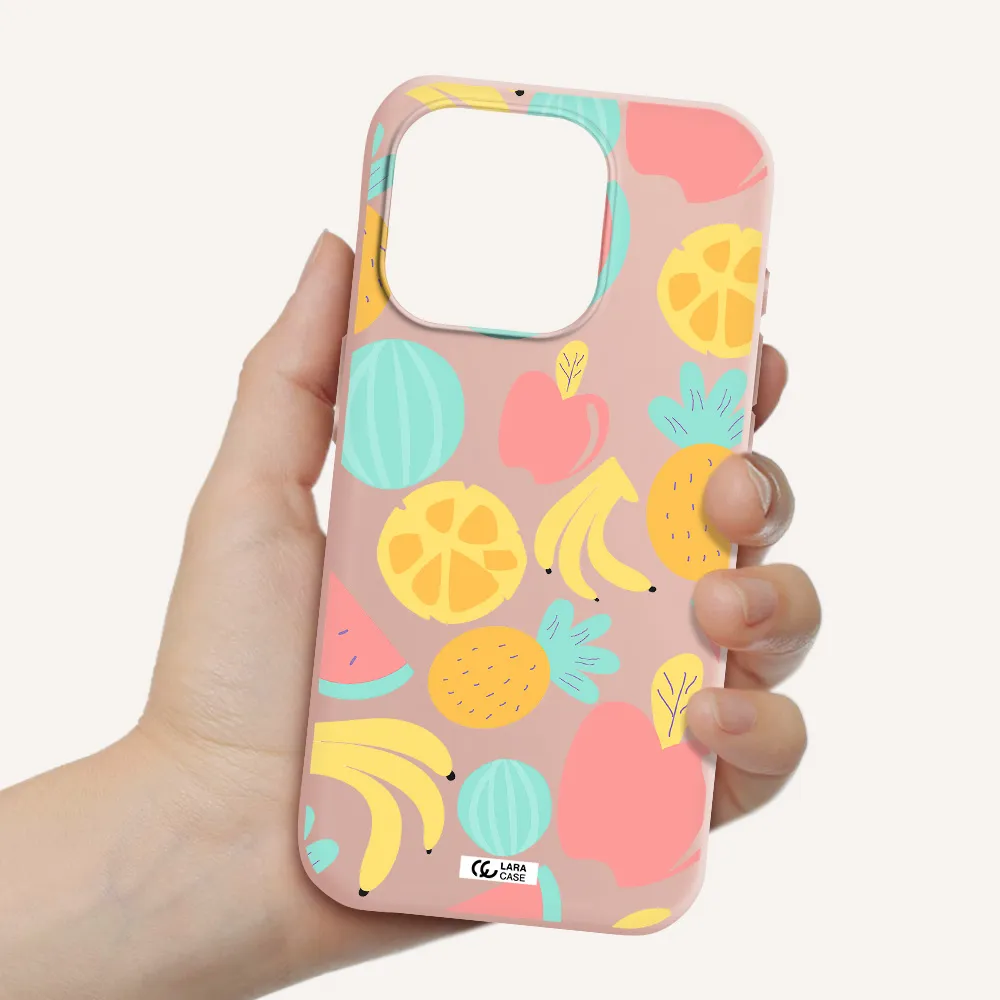 A Pattern Of Fruits On A White Background Apple Iphone 15 Pro Silicone Pastel Pink Case