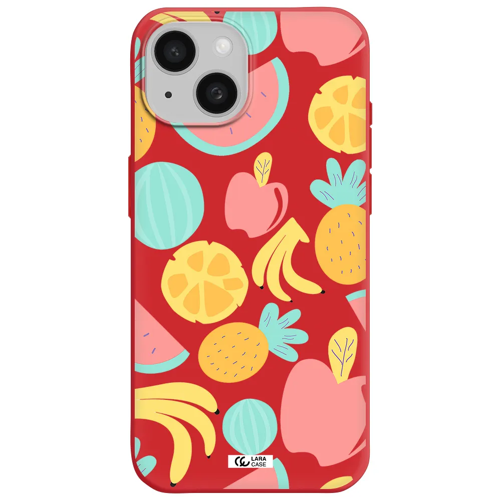 A Pattern Of Fruits On A White Background Apple Iphone 15 Silicone Imperial Red Case