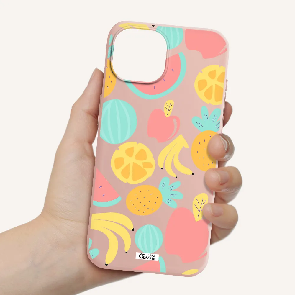 A Pattern Of Fruits On A White Background Apple Iphone 15 Silicone Pastel Pink Case