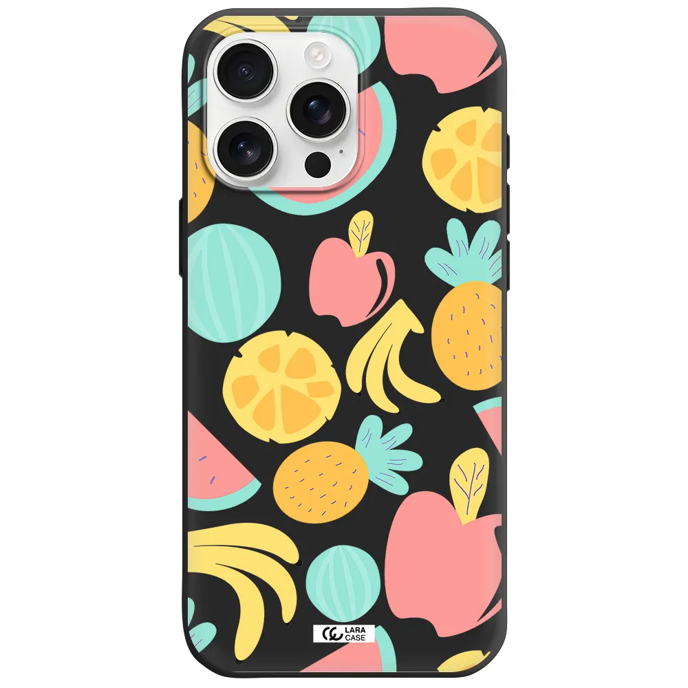 A Pattern Of Fruits On A White Background Apple Iphone 16 Pro Max Silicone Black Case