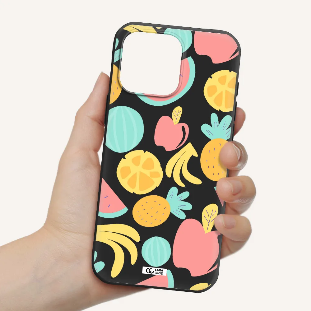 A Pattern Of Fruits On A White Background Apple Iphone 16 Pro Max Silicone Black Case