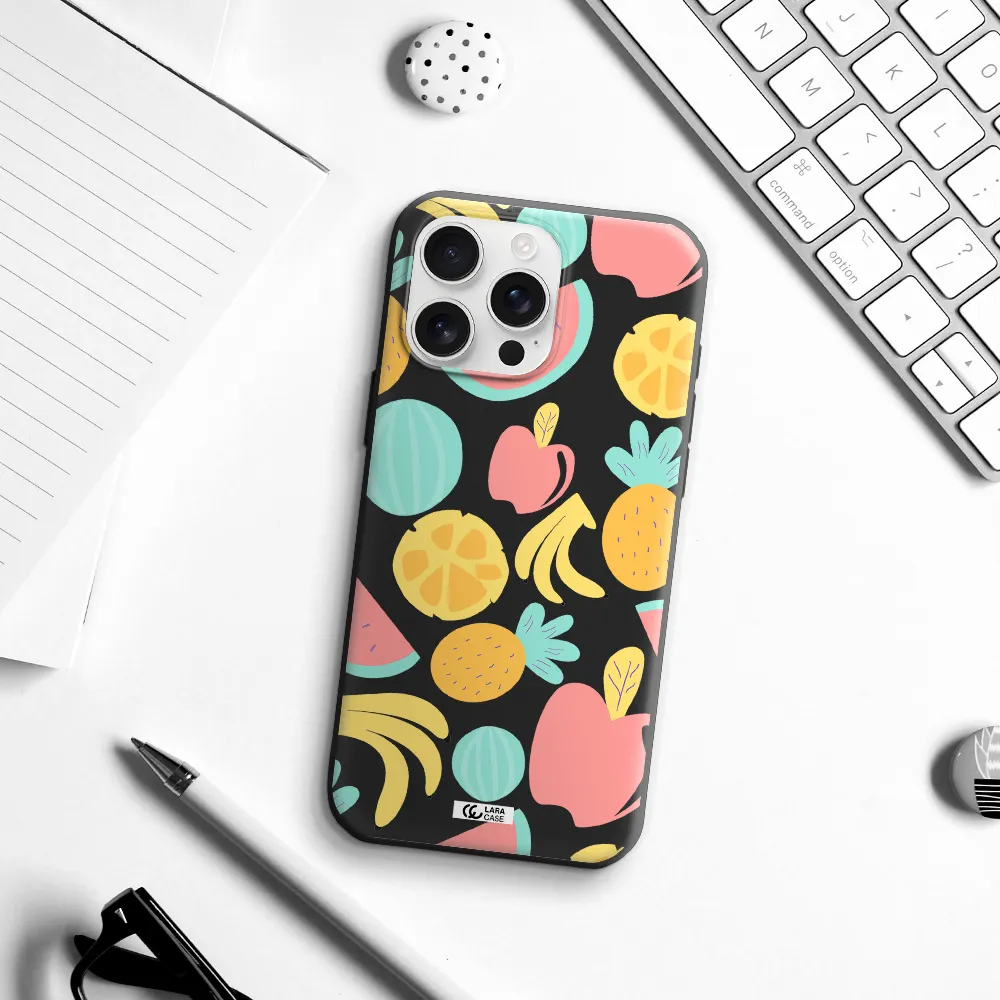 A Pattern Of Fruits On A White Background Apple Iphone 16 Pro Max Silicone Black Case