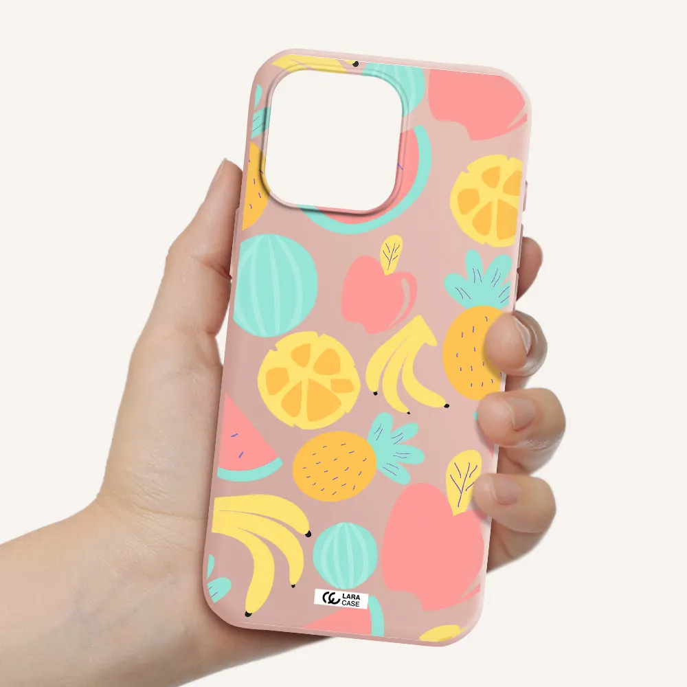 A Pattern Of Fruits On A White Background Apple Iphone 16 Pro Max Silicone Pastel Pink Case