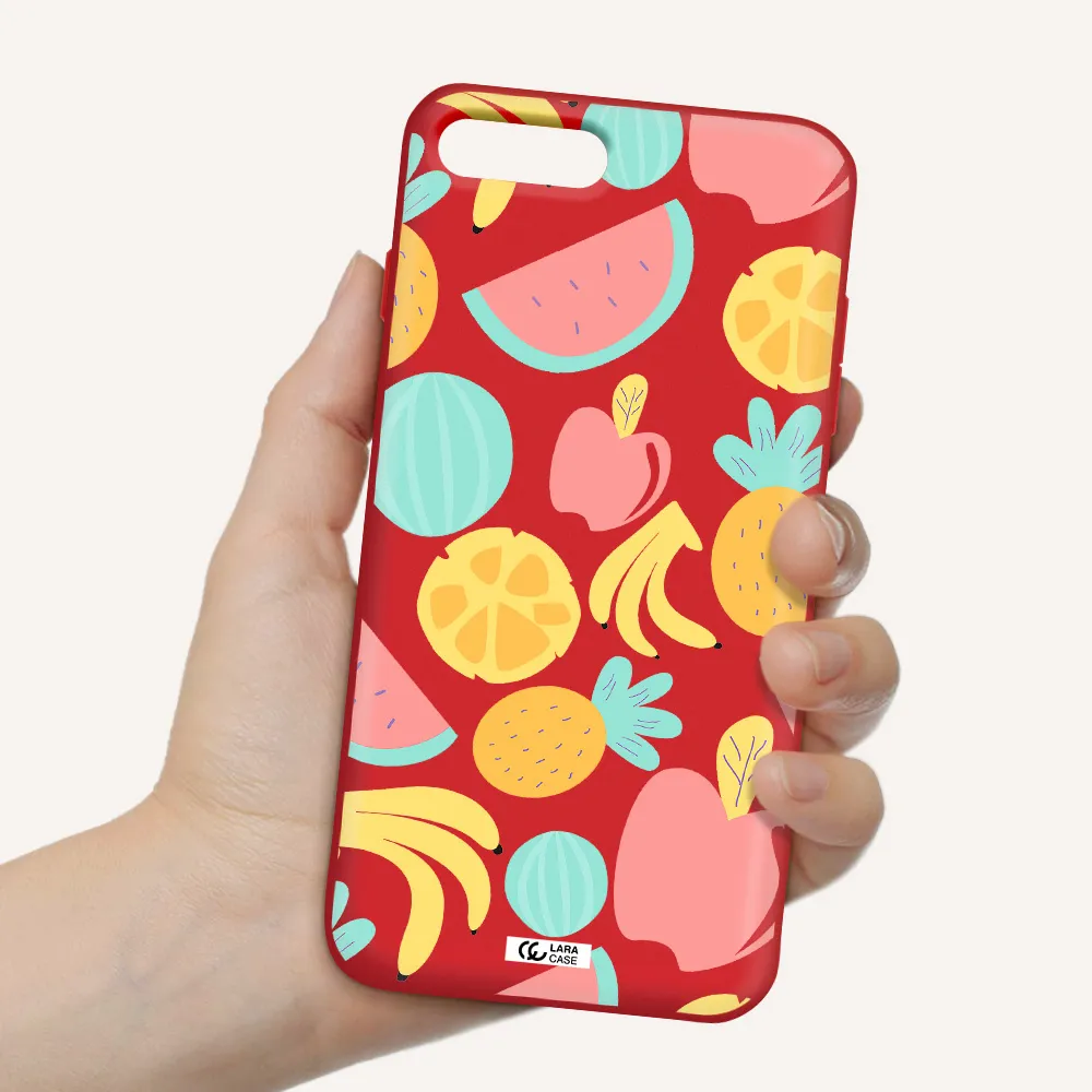 a pattern of fruits on a white background Apple iPhone 8 plus Silicone Imperial Red Case