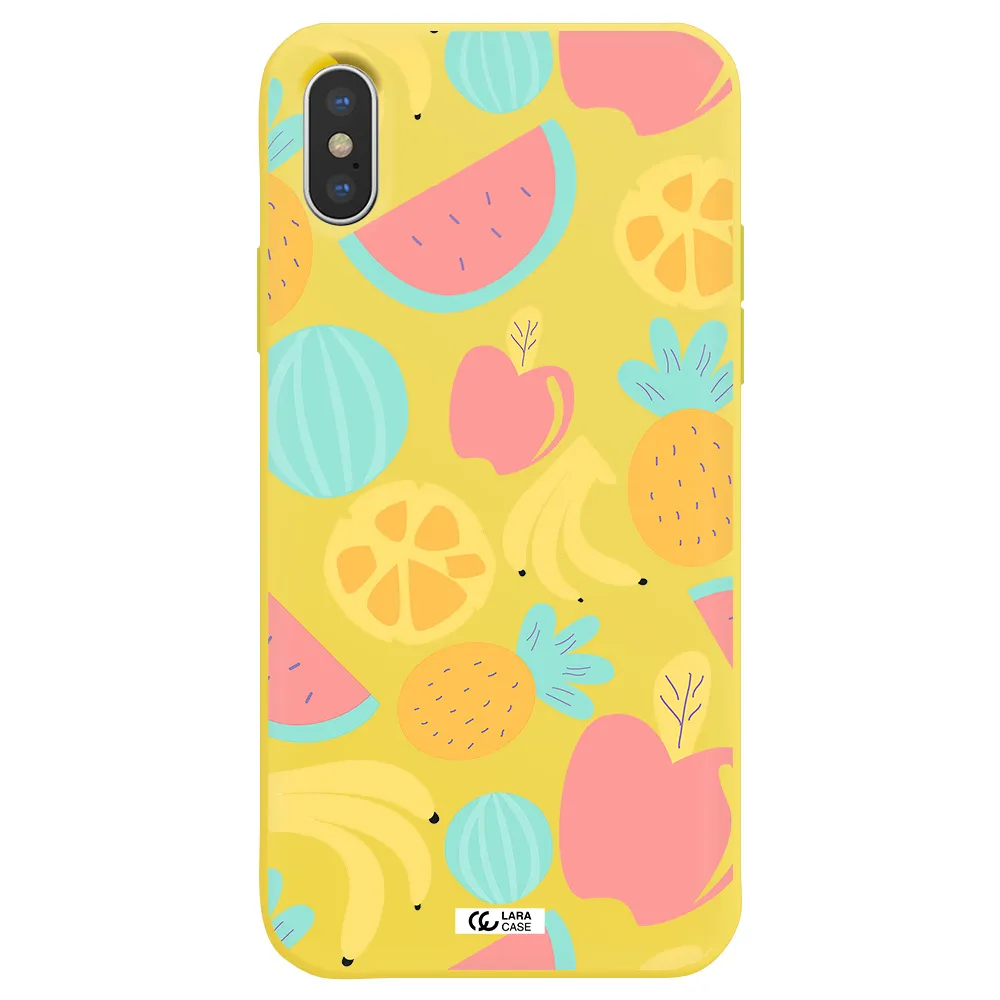 a pattern of fruits on a white background Apple iPhone X Silicone canary yellow Case