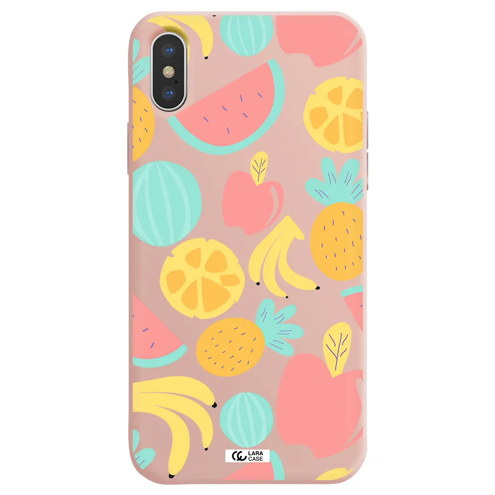 a pattern of fruits on a white background Apple iPhone XS Silicone pastel pink Case