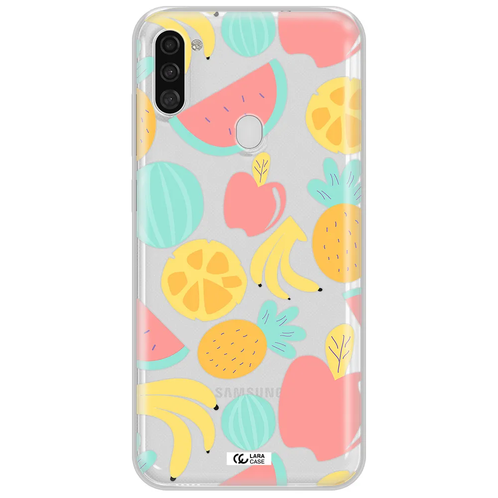 a pattern of fruits on a white background Samsung A11 Clear TPU Case