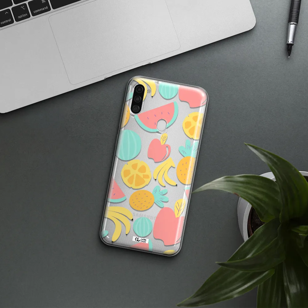 a pattern of fruits on a white background Samsung A11 Clear TPU Case