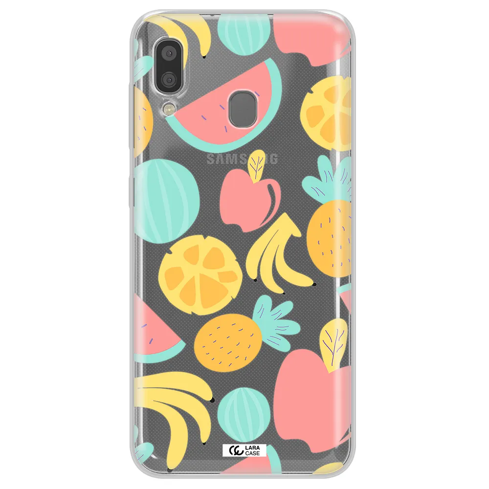 a pattern of fruits on a white background Samsung A20 Clear TPU Case