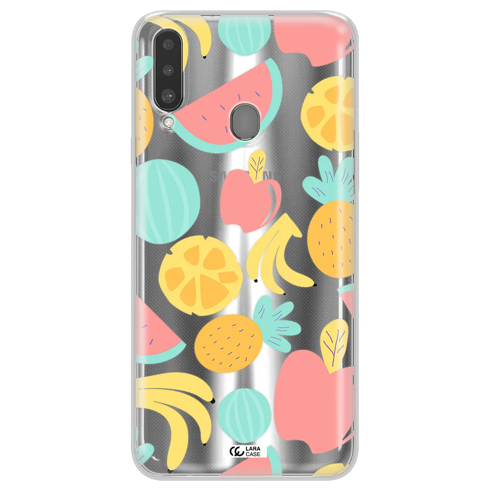 a pattern of fruits on a white background Samsung A20S Clear TPU Case