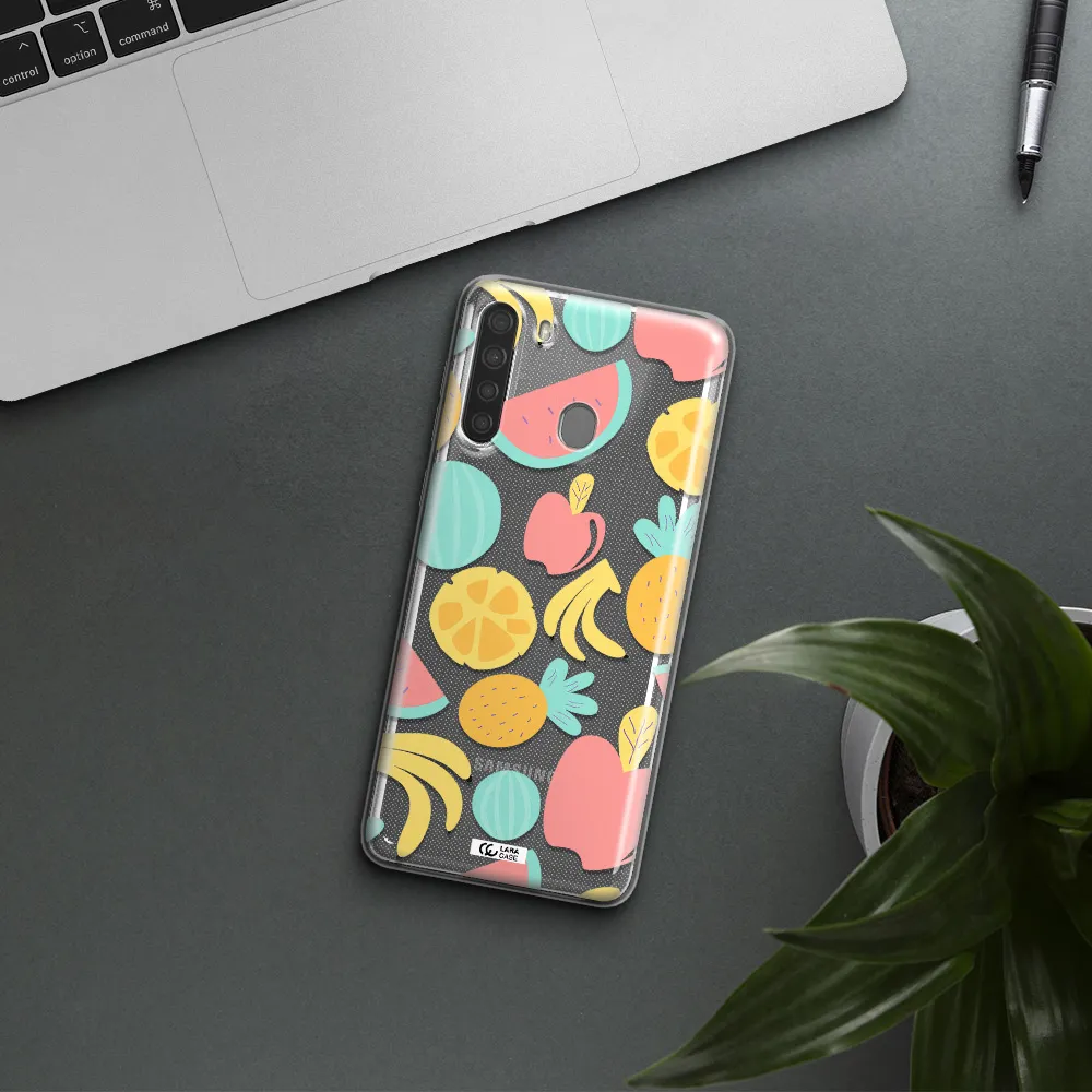 a pattern of fruits on a white background Samsung A21 Clear TPU Case