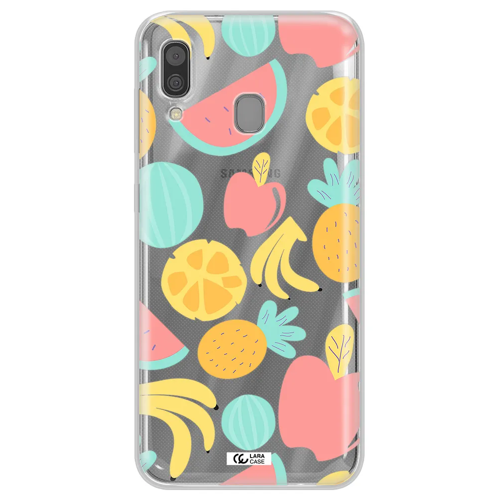 a pattern of fruits on a white background Samsung A30 Clear TPU Case